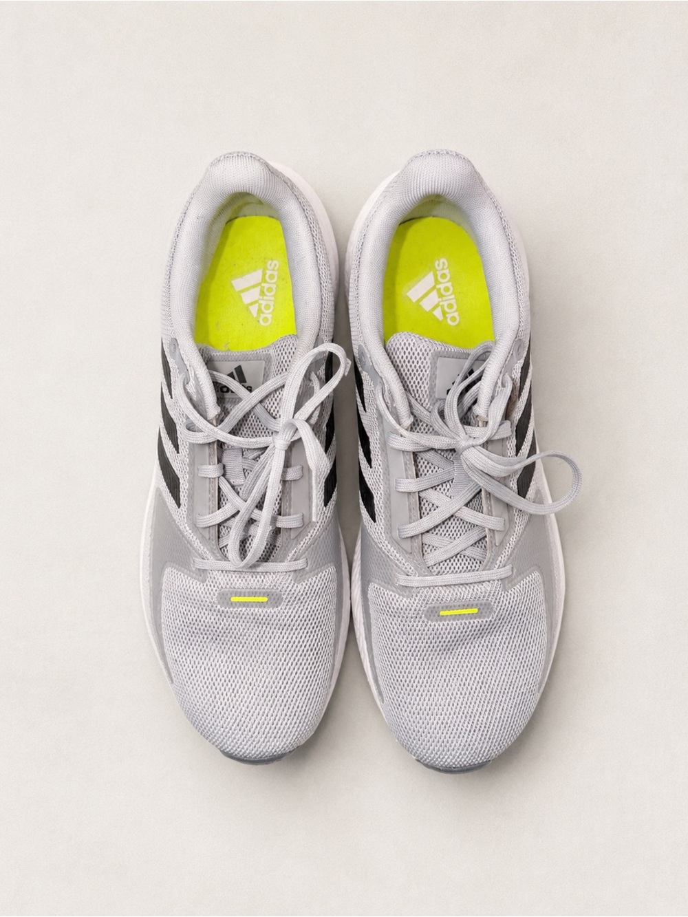 adidas Men's Gray Athletic Shoes with Black Stripes and Neon Yellow Insole